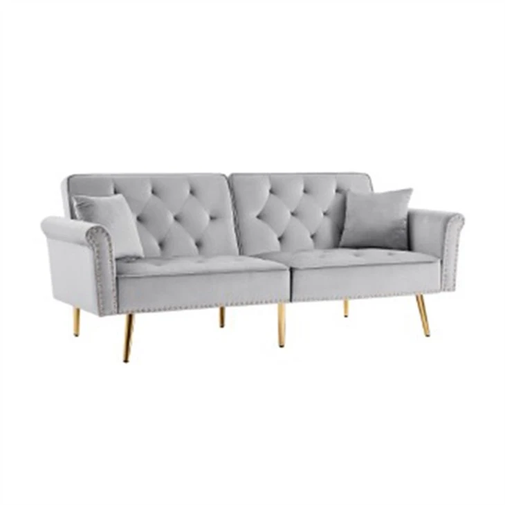 Sofa Tempat Tidur Tiga Tempat Duduk dengan-Lengan Kepala Paku Sofa Kain Sandaran Bawah yang Dapat Dilipat